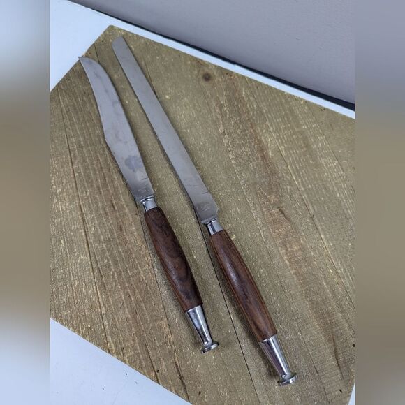 Mid-Century Modern Wood Handle Knife Set – Vintage Stainless Steel 13” & 15” - Picture 1 of 6